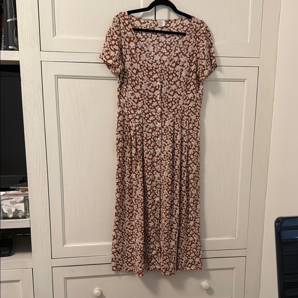 Brown and Cream Smocked Midi Sundress with Puff Sleeves